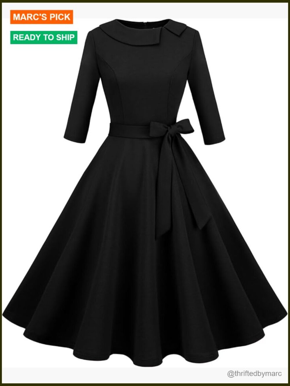 Retro 1950s 3/4 Sleeve Vintage Cocktail Dress A-Line Peter Pan Collar